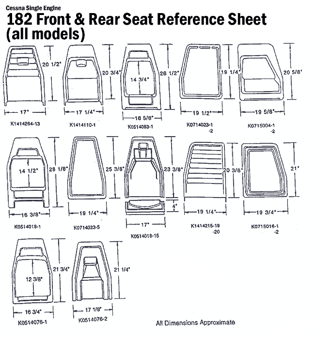 Cessna Single Engine
182 Front & Rear Seat Reference Sheet
(all models)
T
20 1/2"
20 3/4
26 1/2".
119 1/4
14 3/4"
20 5/8'
車
17"
171/4"
18 5/8".
K0514083-1
K1414264-13
K1414110-1
+19
19 1/2"
K0714023-1
19 5/8
K0715004-1
-2
-2
14 1/2" 28 1/8
25 3/8"
23 3/8"
20 3/8°
21°
16 3/8-
K0514018-1
12 3/8"
19 1/4"
K0714023-5
21 3/4"
21 1/4"
-19 1/4-
| 193
17
K051401B-15
K1414215-19
19 3/4"
K0715016-1
-20
-2
- 16 3/4-
K0514076-1
17 1/8°
K0514076-2
All Dimensions Approximate